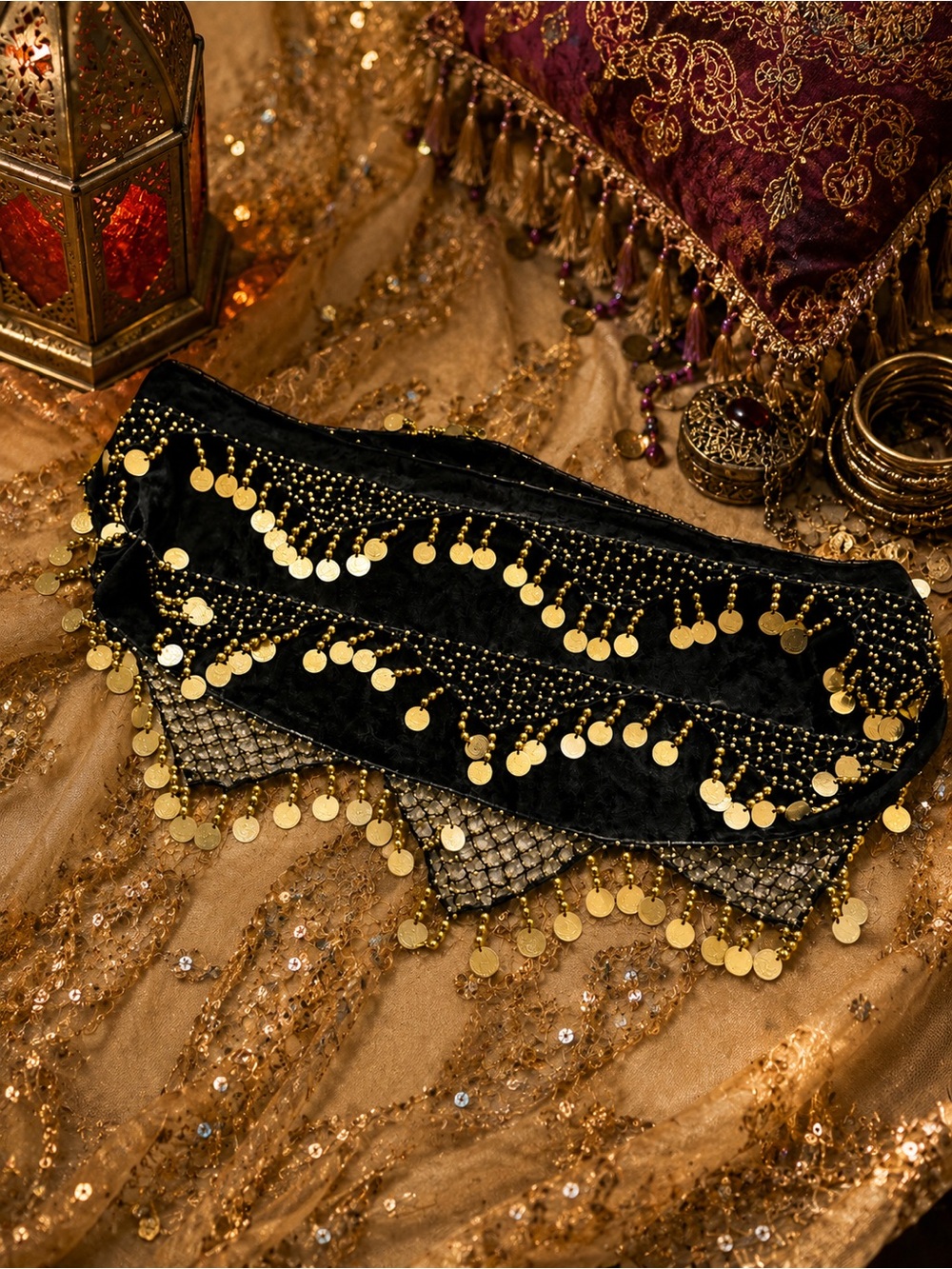Vintage Black Velvet Belly Dance Hip Scarf Gold Coin Fringe 62” Costume Belt